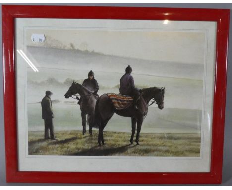 A Framed Print Depicting Riders in Morning Mist by Caroline Cook, 41cm wide 