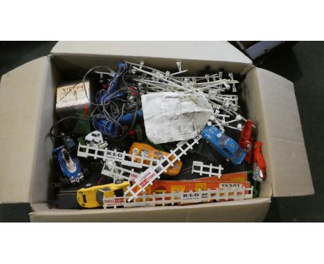 A Box of Vintage Scalextric to include Track, Cars, Barriers Etc 