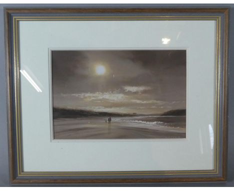 A Framed Limited Edition Print of Sunset Seaside Vista with Couple and Dog to Midground and Cottage to Background, 42/225 by 