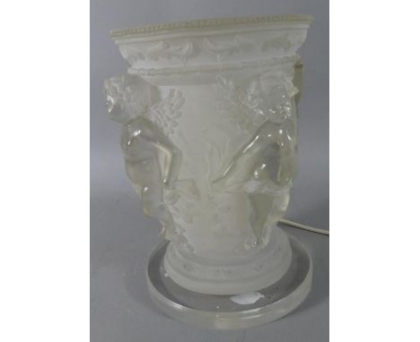 A Modern Acrylic Table Lamp Modelled in the Form of a Lalique Style Vase with Cherub Decoration in Relief, 29.5cm High 