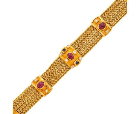 18 kt., braided mesh, 6 oval cabochon rubies, 6 round sapphires, 20 round diamonds ap. .60 ct., with maker's marks, design in