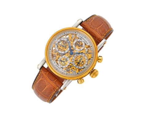 18 kt., automatic, round skeletonized dial, four subsidiary dials, silver-tone outer chapter rings, blue steel hands with sto
