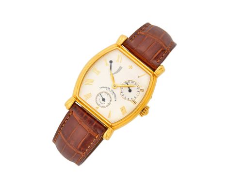18 kt., automatic, tonneau-shaped silvery white guilloché dial, applied gold-tone Roman numerals, date aperture, sweep second