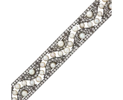 Pearls ap. 5.03 to 4.33 mm., old-mine and single-cut diamonds ap. 6.45 cts., circa 1890, one link detachable, one pearl missi