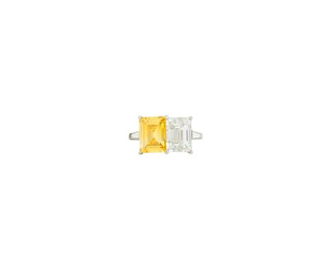 One emerald-cut diamond weighing 4.62 cts., one cut-cornered rectangular step-cut Fancy Intense Orange-Yellow diamond weighin