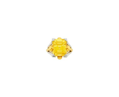 One cut-cornered step-cut emerald-cut yellow sapphire ap. 13.75 cts., ap. 12.6 dwts. Size 5 1/2. With GIA report no. 22354082