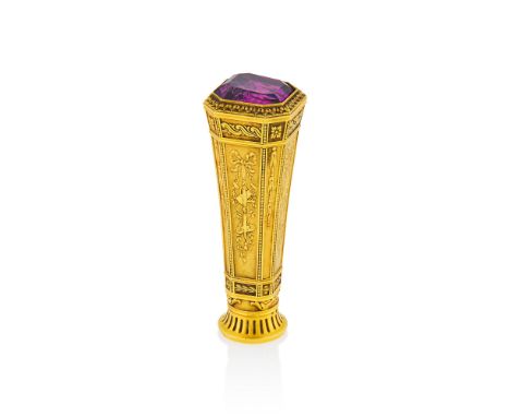 18 kt., one step-cut octagonal-shaped foil-backed amethyst ap. 23.0 x 22.0 mm., scrollwork, flowers, bows, rocailles, foliage