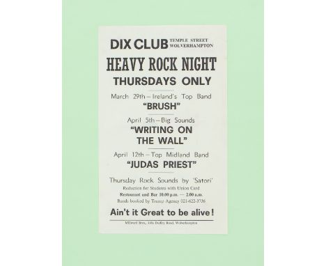 Judas Priest original Handbill. Dix Club Temple Street Wolverhampton. April 12th Oriignal in excellent condition. It measures