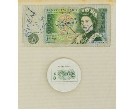 GENESIS Selling England by the Pound. A Bank of England £1 note signed by Phil, Tony, Mike, Chester and Daryl.  Also included