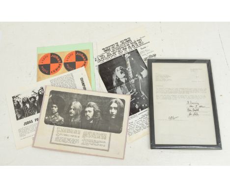 A collection of Judas Priest Memorabilia and Ephemera. A collection of items including a rare signed and dated original Judas