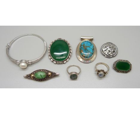 A collection of silver jewellery, (bangle lacking small white stones) 