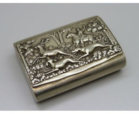 An early 20th Century tobacco box with hunting scene 