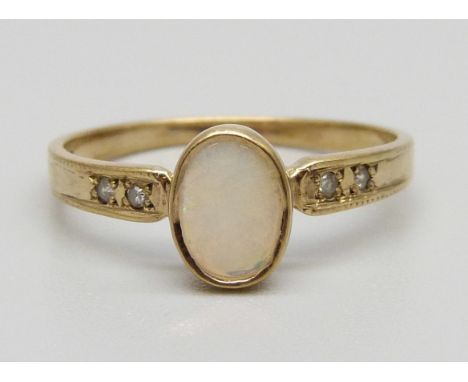 A 9ct gold, Ethiopian opal and diamond ring, 1.3g, N 