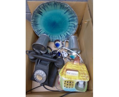 A Bakelite telephone, oyster serving dish with six servers, a ceramic night light and two pewter tankards **PLEASE NOTE THIS 