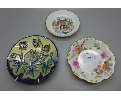 Three dishes, Moorcroft, Royal Worcester and Royal Crown Derby Posies 