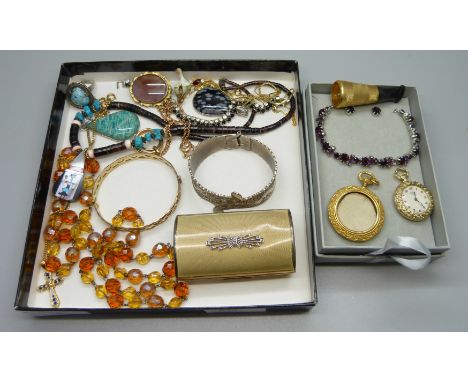 A Rotary fob watch, rolled gold bangle, an agate set brooch, picture pendant, etc. 
