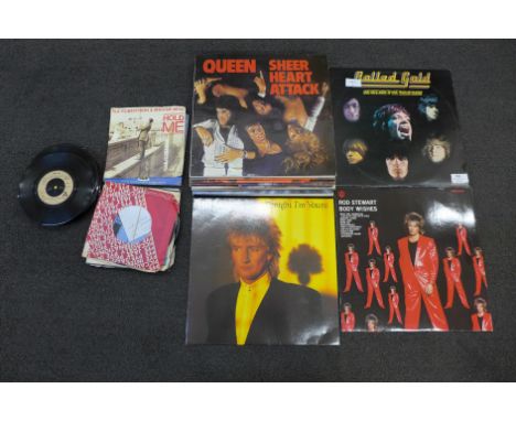 Status Quo, Slade, Queen, Rod Stewart and Rolling Stones LP records and a collection of 7" singles 