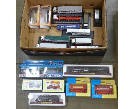 A collection of die-cast model vehicles including Corgi and an Atlas Eddie Stobart lorry, some boxed 