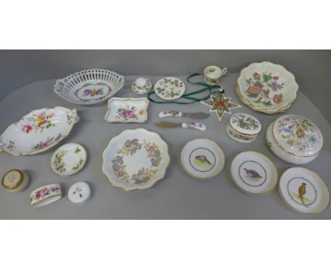 Royal Crown Derby, Royal Worcester and other pin trays, dishes, miniature cups and saucers, etc. 