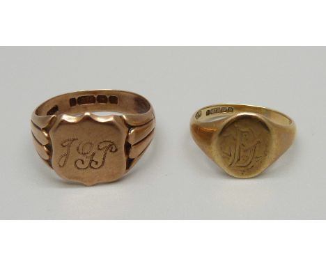 Two 9ct gold signet rings, 5.3g, T and 2.5g, K 