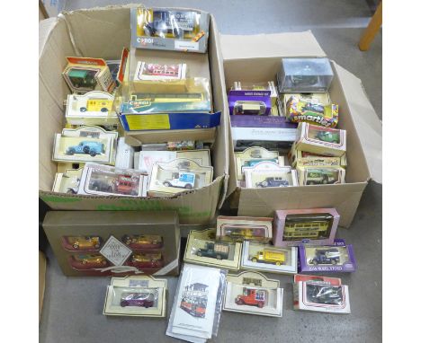 Two boxes of die-cast model vehicles, Corgi and Lledo Days Gone, boxed and postcards **PLEASE NOTE THIS LOT IS NOT ELIGIBLE F
