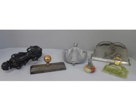 Metalwares including Kenrick door knocker, Art Nouveau letter rack, two paperweights, etc. 