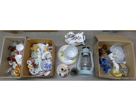 A collection of decorative china including a USSR model tiger, Delft, two oriental figures, a gilt coffee service, glassware,