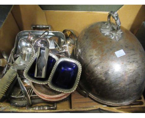 A box of various silver plated wares including a meat dome, pair of open salts with liners, flatware etc