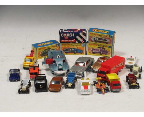 Box of diecast models, mainly a Corgi James Bond DB5 and Silver Shadow, Matchbox Superfast cars and an SPV model (1993 model)