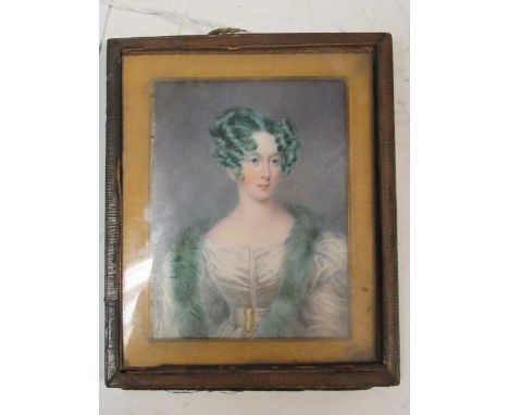 Portrait miniature of a lady wearing a white dress and a fur stole, her hair in ringlets, watercolour on ivory, 9.5 x 7cm