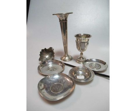 A Georgian silver punch ladle, together with a collection of silver ashtrays, one of Britannia standard, a loaded vase stampe