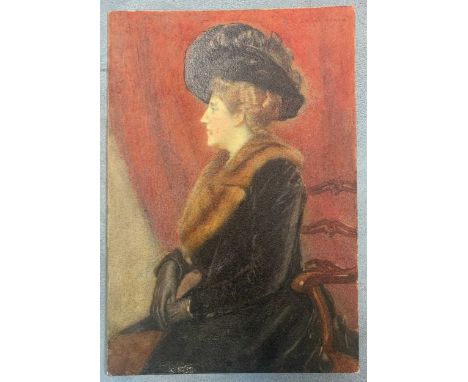William Mainwaring Palin (British, 1862-1947), Portrait of a lady in a fur-trimmed coat, seated, signed 'W M Palin 1901', wat