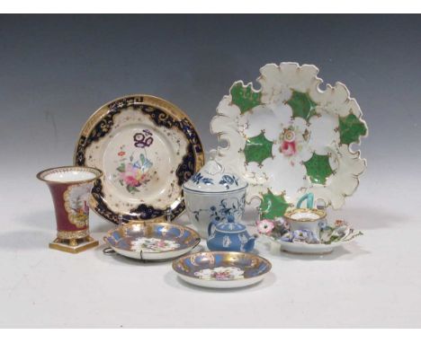 An 18th century Worcester blue and white bowl and cover, a pair of Royal Crown Derby saucers, an English porcelain spill vase