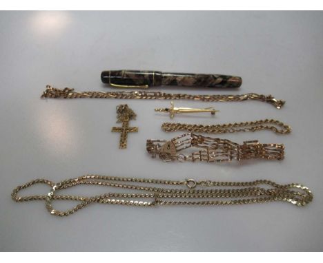 A Bakelite fountain pen together with a dagger brooch, stamped '750', weight 3.1g, a hallmarked 9ct gold gate bracelet, a hal