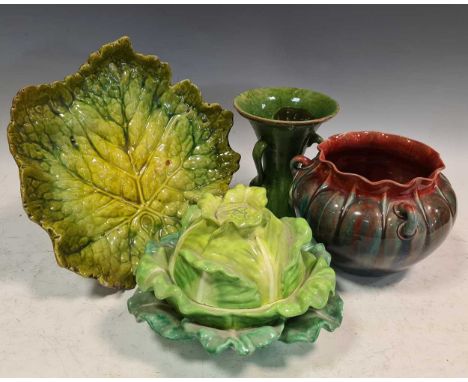 A Copeland and Garrett cabbage moulded tureen and cover, a Bretby leaf moulded comport, a Watcombe pottery vase and a Linthor