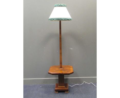 An Art Deco walnut table/standard lamp with shade 183cm high