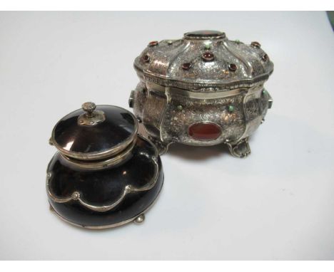 A (probably) continental metalwares jewelled casket together with a silver and tortoiseshell inkwell (2)