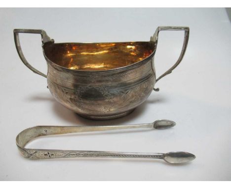 A silver sugar bowl, mark of Charles Fox, London 1809, and a pair of silver sugar nips, 6.5ozt gross (2)