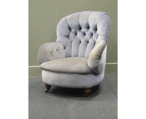 A Victorian spoonback nursing chair, button upholstered in blue material on turned front supports.
