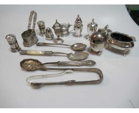 Assorted silver condiments and flatware, 13ozt weighable silver, together with some sundry silver plated items