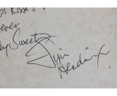 JIMI HENDRIX - Genuine signed card - `Love and Kisses to you forever, Stay Sweet, Jimi Hendrix` Signed in black pen in very g