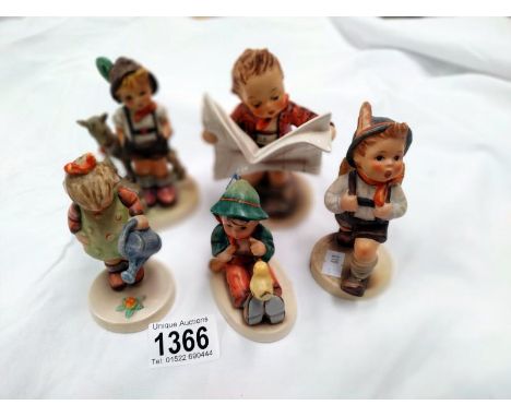 5 Goebel children figures (school boy has repair to feather in hat)