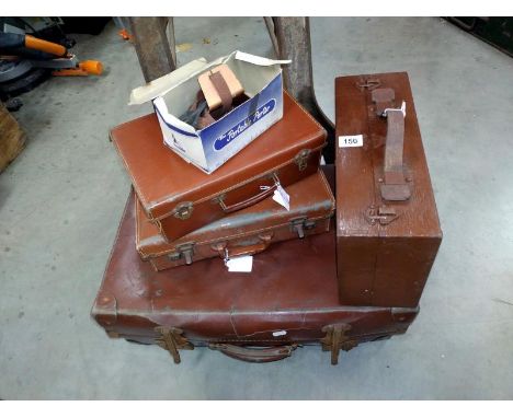 A set of 3 vintage suitcases, a wooden case and retro case wheels.