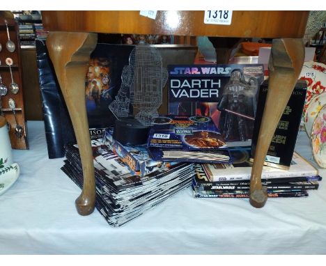 A selection of Star Wars related items including Tazos, R2D2 lamp, issue 1-68 magazine etc