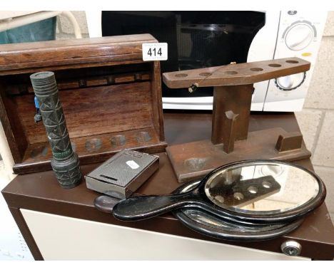 2 oak pipe racks, 2 bevel edge hand mirrors, a torch, playing card case.