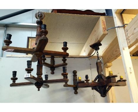 3 floor light oak chandeliers and 2 wall lights