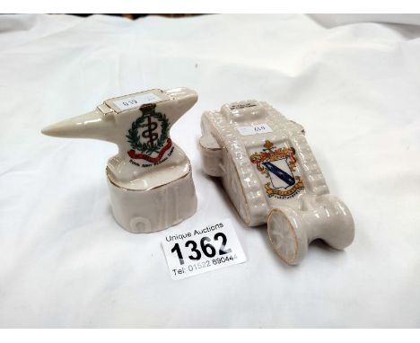 A willow crested china Cleethorpes WW1 tank and Arcadian Royal Army medical Corp anvil
