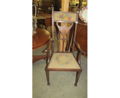 An early 20th-century carver chair with art nouveau inlay and tapestry seat. COLLECT ONLY.