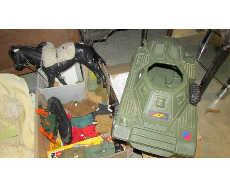 A box of Action man items including tank and horse.