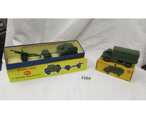 A boxed Dinky 697 25 pounder field gun set and a 621 one ton army wagon.